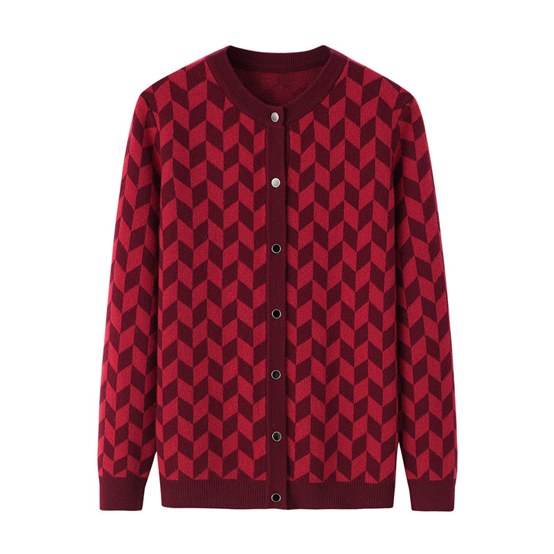 阿绒源山羊绒菱格配色女开衫红色双提厚羊毛衫宽松中老年外套毛衣