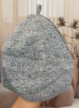 100山羊绒花纱贝蕾帽~鄂尔多斯市产灰色揪揪保暖羊绒帽子高端气质