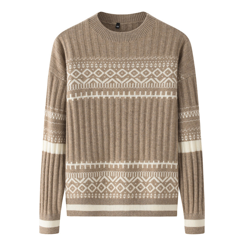 阿绒源100%山羊绒夹条女套衫圆领宽松针织休闲名族风显瘦减龄毛衣