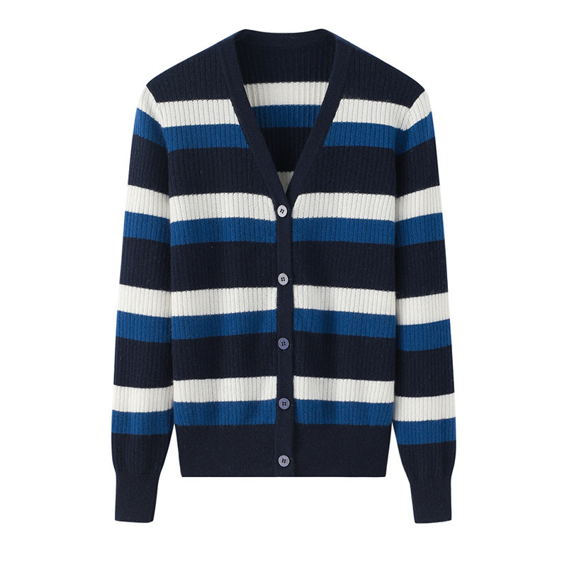 阿绒源100%山羊绒夹条女开衫v领单排扣蓝色针织短款长袖外穿毛衣