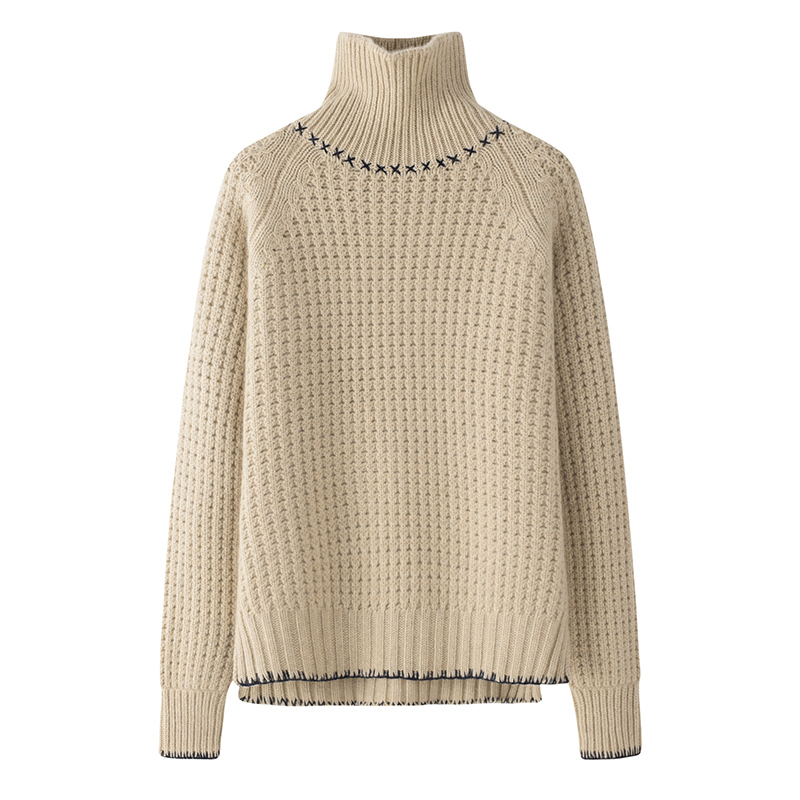 100%羊绒玉米针手绣女套中长款加厚立领前短后长开叉休闲宽松毛衣