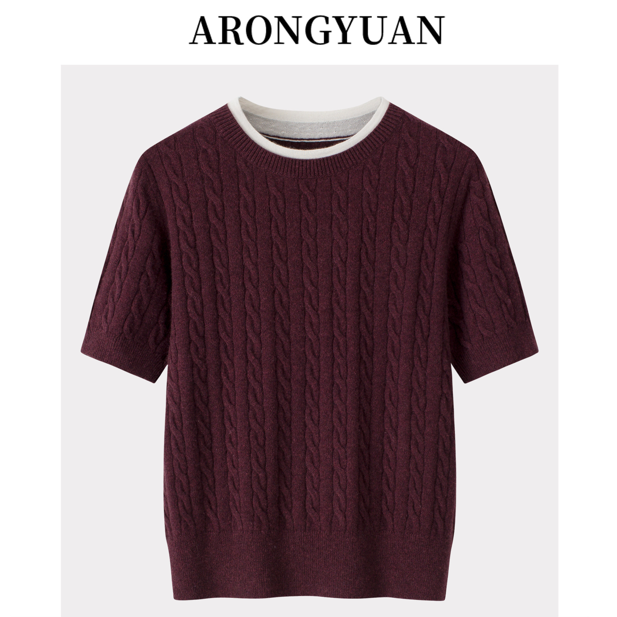 双层圆领全身绞麻花~100山羊绒圆领装饰女半袖秋冬季新品针织短袖