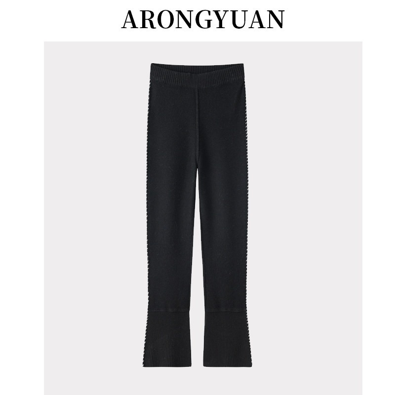 内蒙古发货修身羊绒打底裤女黑色手缝边时尚开叉百搭保暖针织长裤