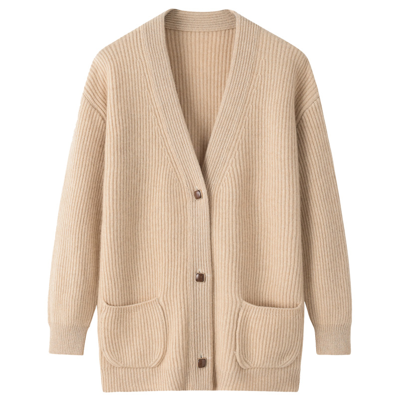 阿绒源纯羊绒加厚双元宝女开衫秋冬季V领带兜中长款休闲外套毛衣