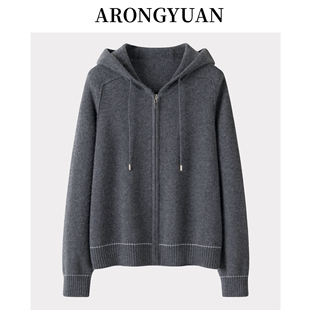 加厚慵懒风卫衣~100山羊绒拉链带帽女开衫外套纯色休闲针织衫毛衣