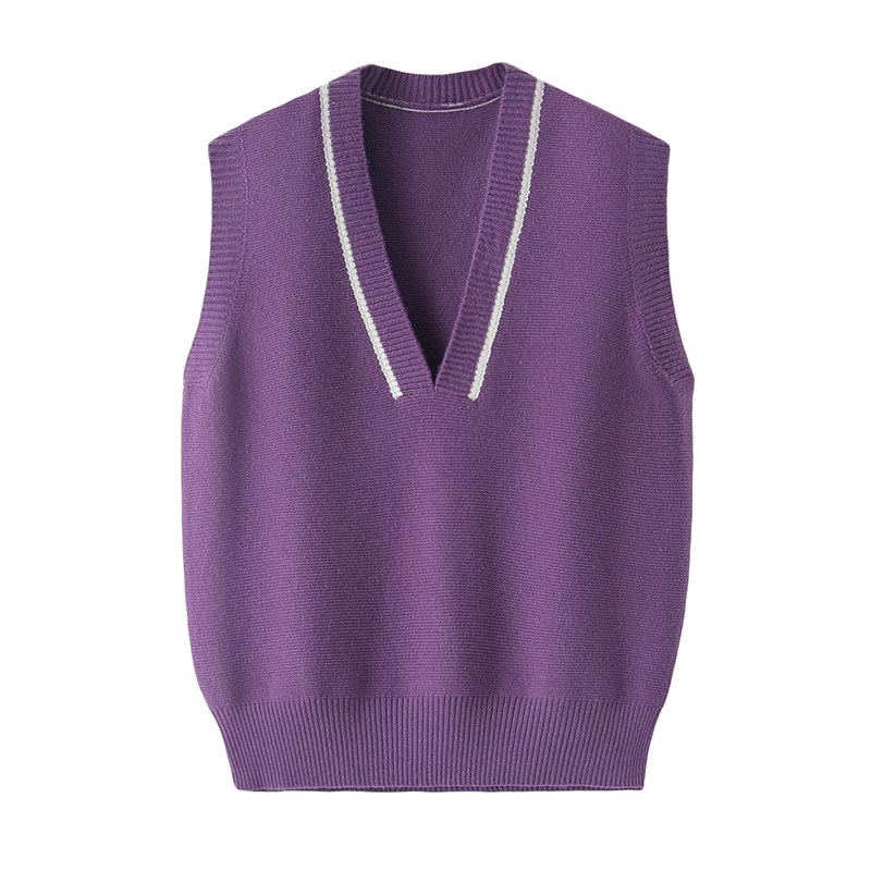 阿绒源羊绒装饰女背心v领紫色配色针织羊毛无袖套头马甲宽松外搭