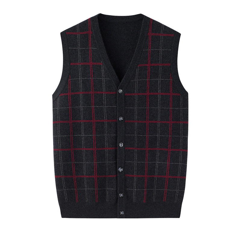 阿绒源山羊绒方格配色男开背V领厚宽松无袖背心中老年外搭毛坎肩