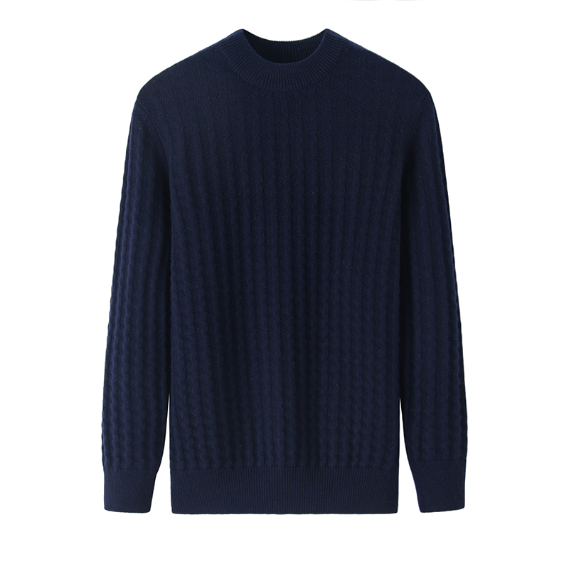 阿绒源纯山羊绒圆领男套衫内蒙古蓝色加厚正反花型针织衫贴身毛衣