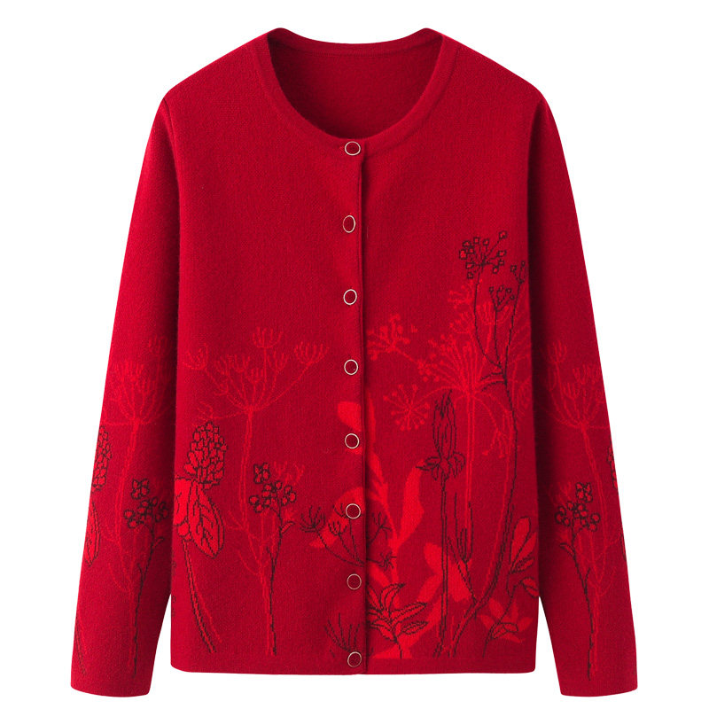 阿绒源纯羊绒红色女开衫2022新品双提加厚配色中老年宽松外穿毛衣