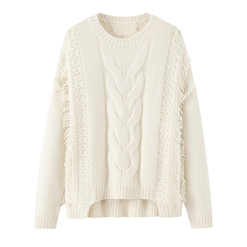 阿绒源100%山羊绒手编网眼女套衫圆领粗针绞花针织衫白色休闲毛衣