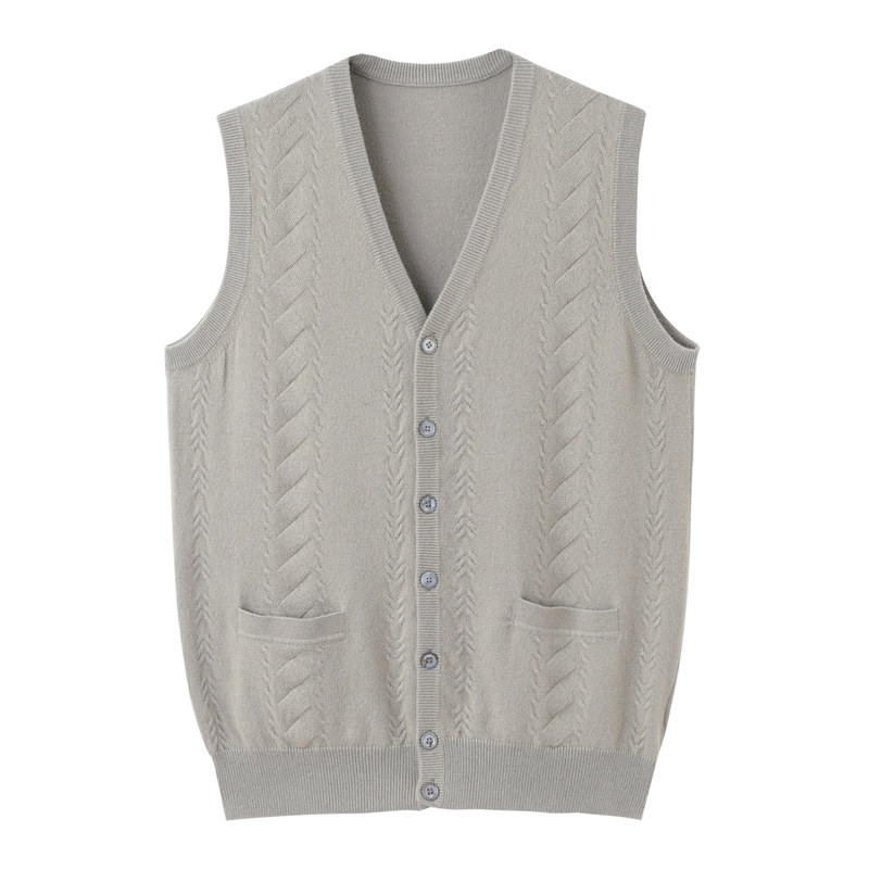 阿绒源毛坎肩男羊绒开背鸡心领绿色开襟带兜毛背心中老年外搭马甲