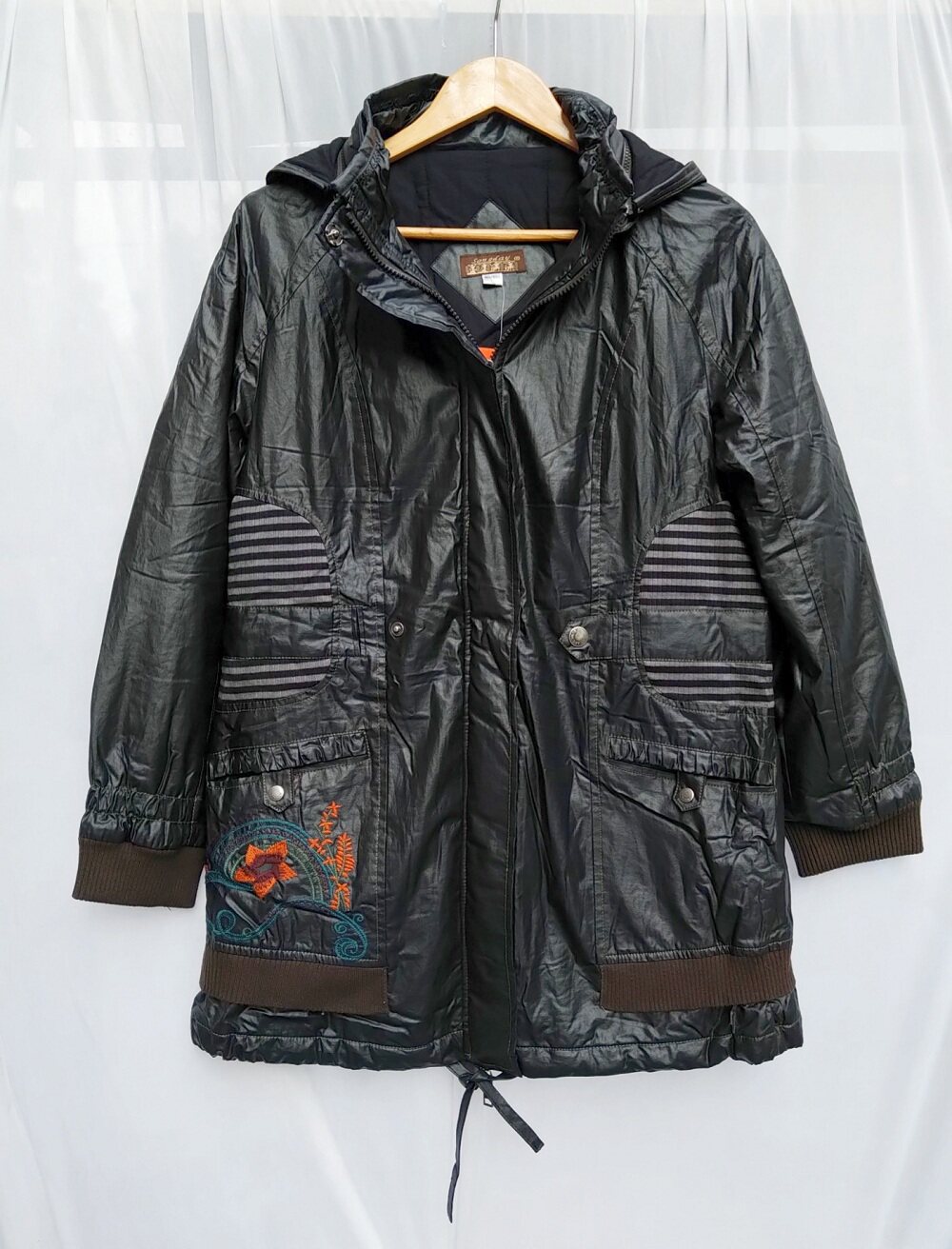 桑迪女装经典绣花拼接大码哑光中长款大衣棉袄女秋冬