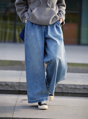 2025春秋款少年蓝色文艺小众松紧腰传统水洗磨毛休闲牛仔裤5038