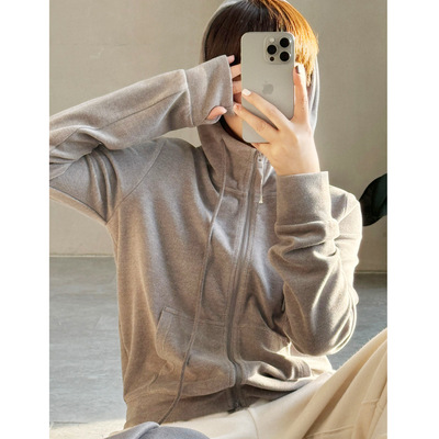 秋冬小众棉混纺德绒柔软亲肤显瘦连帽立领短款双开拉链开衫卫衣