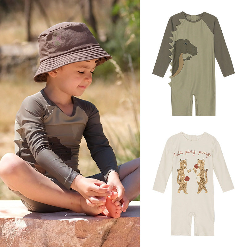 现货丹麦夏INS儿童游泳衣恐龙印花宝宝泳装男童速干连体泳衣温泉