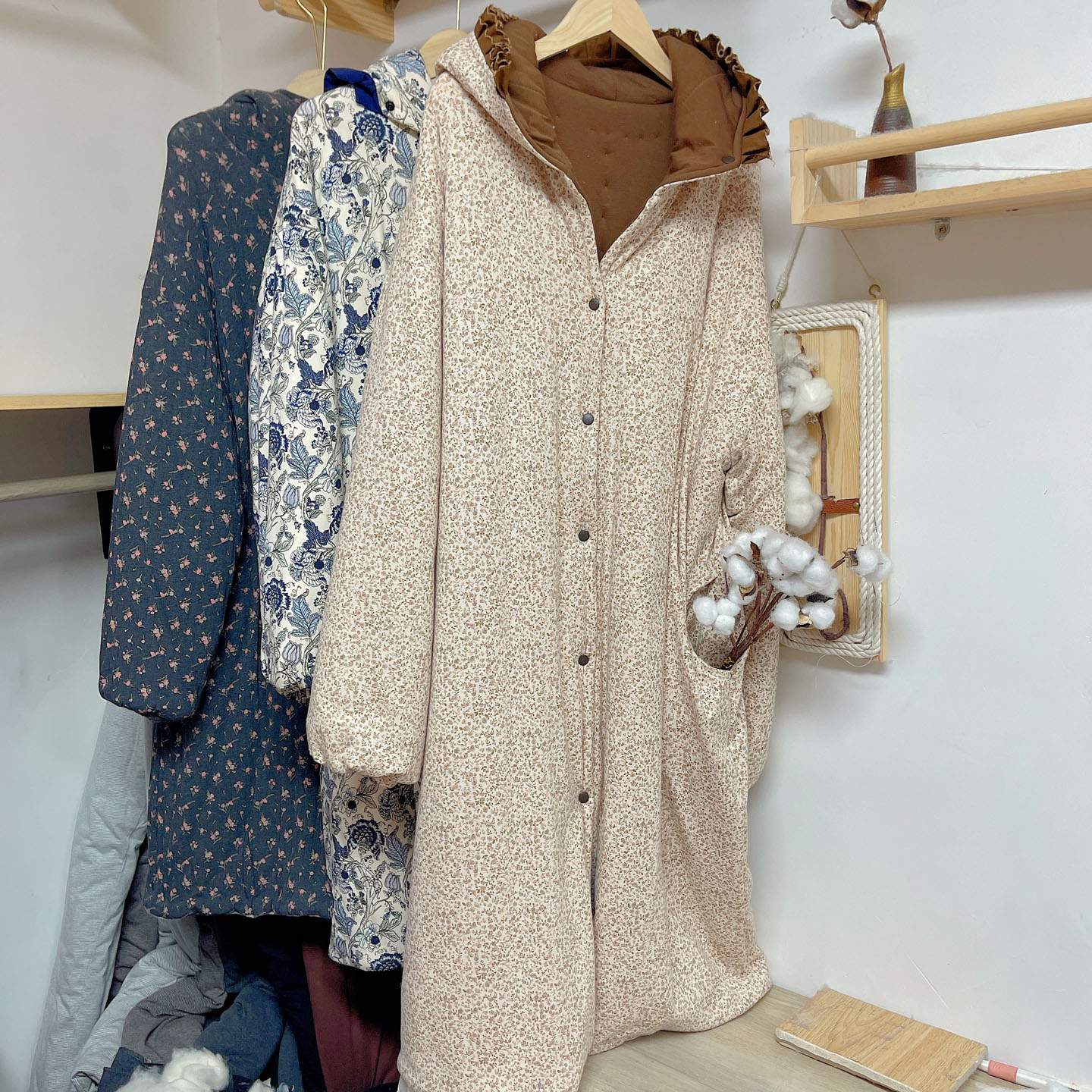 天然棉花袄纯手工绗缝女士秋冬可加厚棉衣棉服中长款外套带帽子