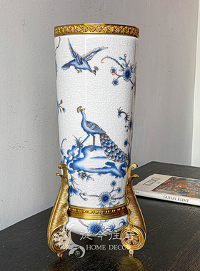 从今往后HomeDecor-CFSS367-蓝色金丝孔雀白瓷黄铜花瓶