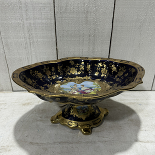 外贸风情 蓝色鎏金人物花色 异形边缘 大号14英寸 陶瓷水果盘摆盘