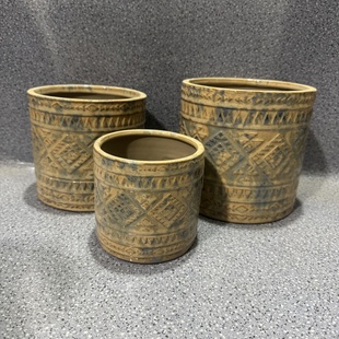 外贸风情 晕染做旧黄色 浮雕凹凸纹理 圆柱形 无底孔 陶瓷花盆套