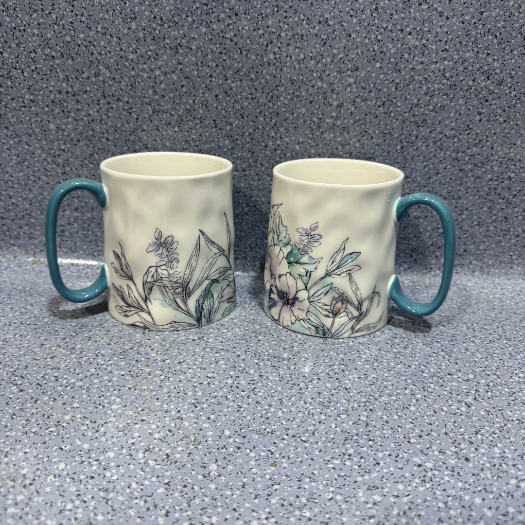 外贸风情 民族手捏样式 蓝色把手花朵 大号 陶瓷马克杯水杯