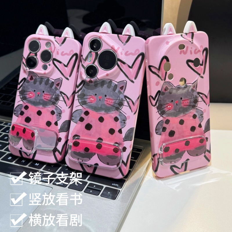粉涂鸦猫咪支架新款适用苹果16Promax手机壳iPhone15Pro小米14华为mate70pura80k60nova13荣耀x200OPPOReno12
