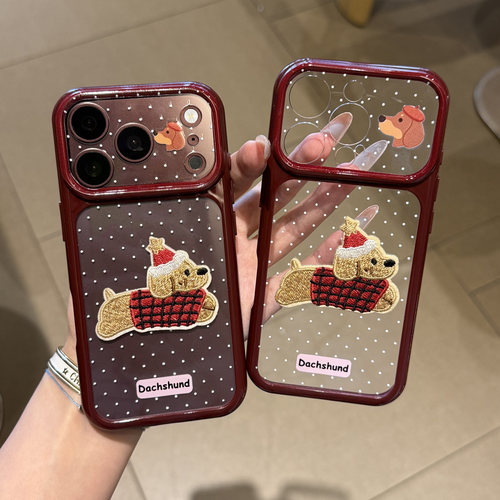 复古格纹刺绣腊肠狗适用苹果18pro手机壳iPhone17promax小米17华为mate80p90红米K70reno15nova14x300荣耀600