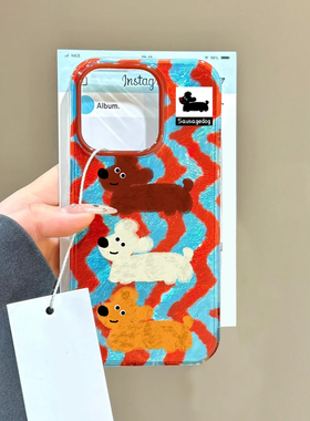 日韩红蓝条腊肠狗适用苹果16promax手机壳iPhone15pro小米14华为mate70荣耀90x200p50红米k60nova12s18note13