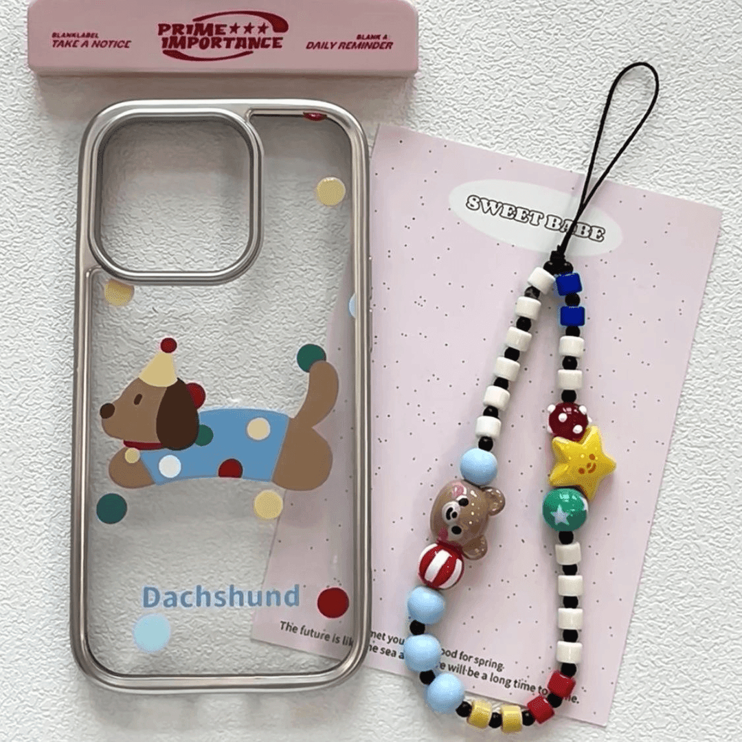 波点腊肠狗适用苹果15pro手机壳链条iPhone14max16小米13reno12nova11华为mate60红米k70p50荣耀x100保护套