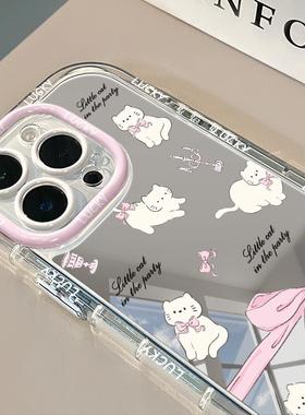 蝴蝶结粉猫适用苹果15/14/13pro手机壳iphone镜面泡芙12红米k70小米100荣耀P80/90iqoo华为mate60x40renos17