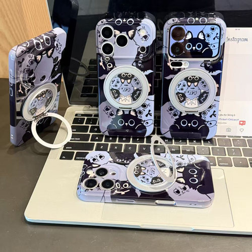 线条黑猫旋转支架适用iPhone18Promax手机壳苹果17pro小米15华为mate80p90k70reno16nova14x300magic7加ace5