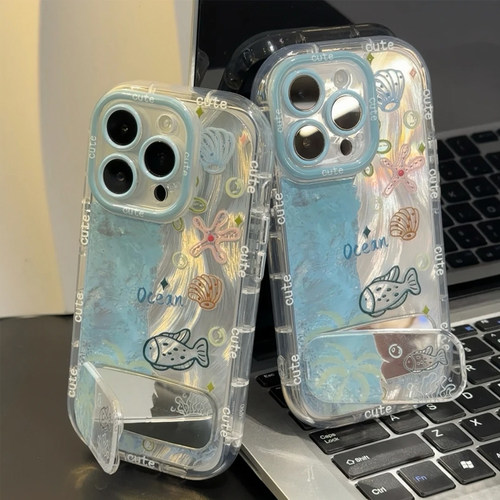蓝色海洋世界镜子支架适用苹果新款16pro手机壳iPhone15max小米14华为mate60k70p50荣耀vivox200nova13reno12