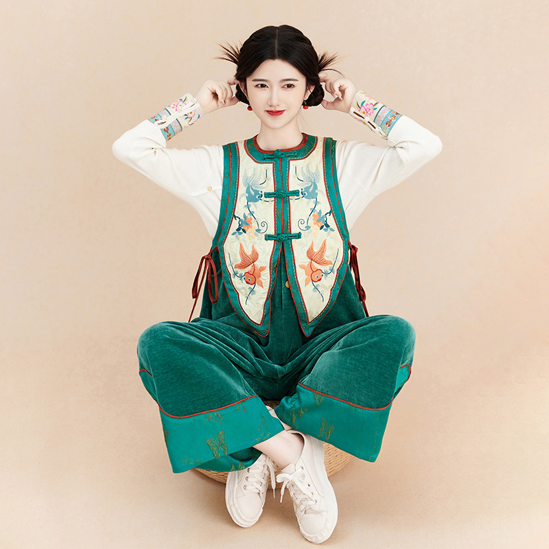 【活动价】素萝原创 游园惊梦×池馆苍苔 2024秋季新款国风刺绣两件套连体裤