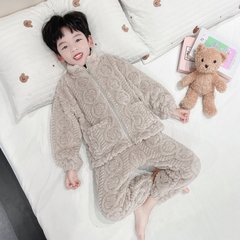 男童睡衣秋冬季珊瑚绒加绒款套装儿童男孩法兰绒小宝宝开衫家居服