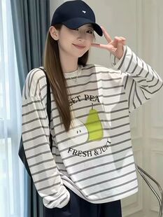 2026夏季新款欧货宽松版拼色圆领长袖细条纹涂鸦防晒T恤女