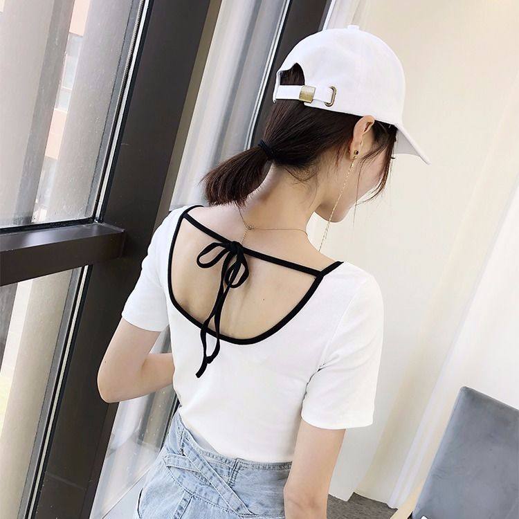 露背绑带T恤女2024新款夏装短袖韩版修身显瘦拼色纯色短袖上衣女