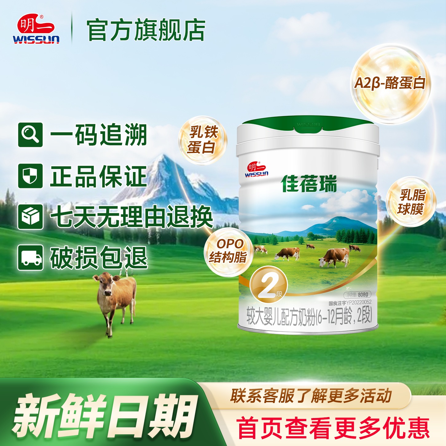 明一奶粉佳蓓瑞2段808g （6-12月龄）较大婴儿配方牛奶粉添加乳铁