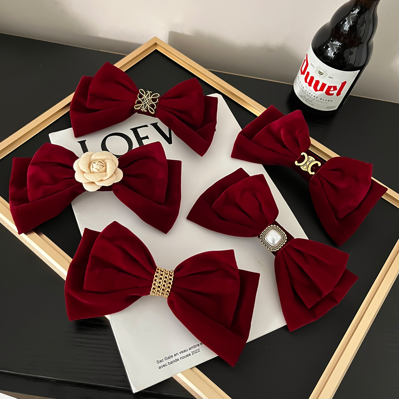 新娘敬酒服红色丝绒蝴蝶结发夹