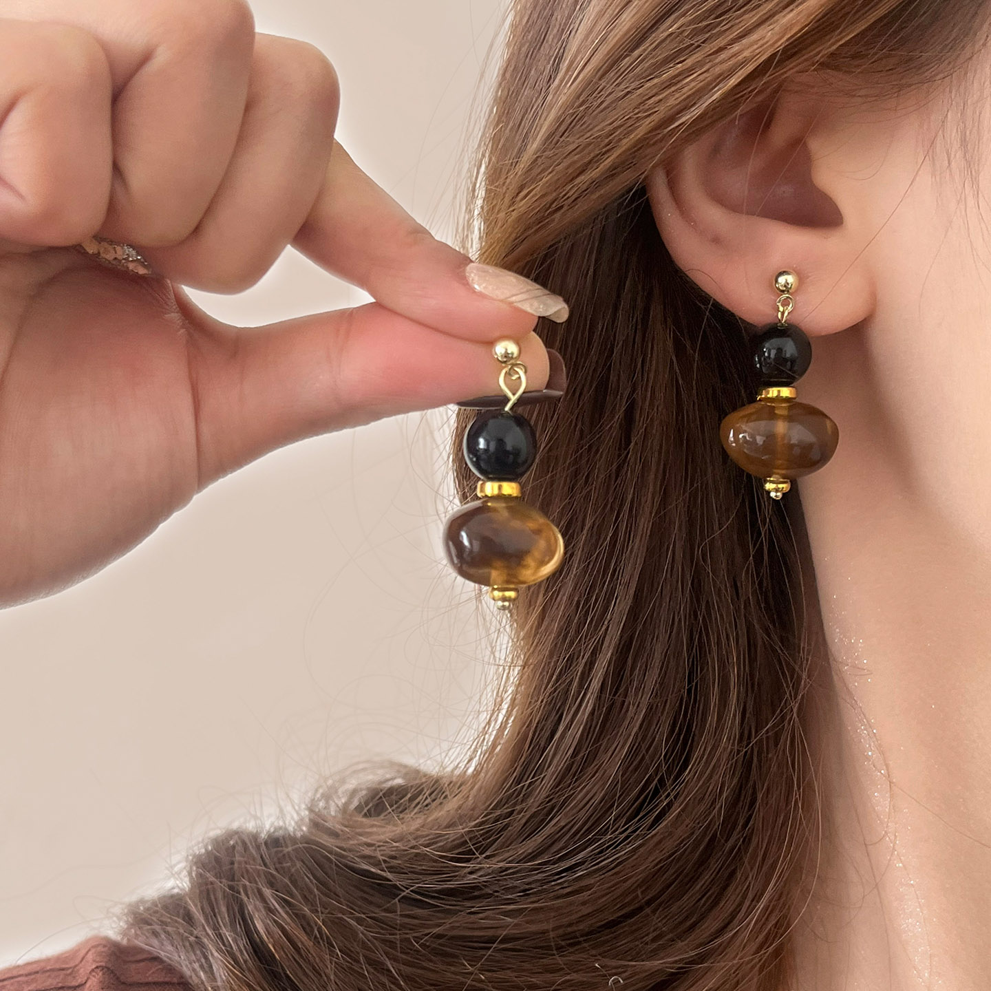 琥珀晕染串珠耳钉复古美拉德耳环