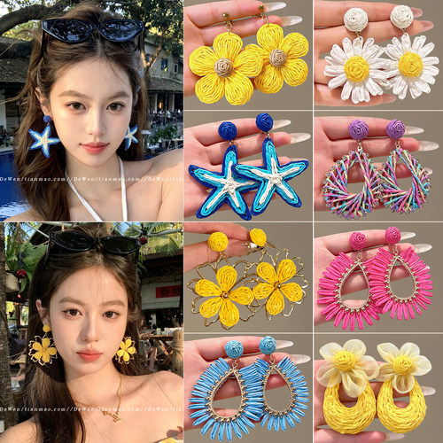 海滩度假风编织花朵耳夹女无耳洞