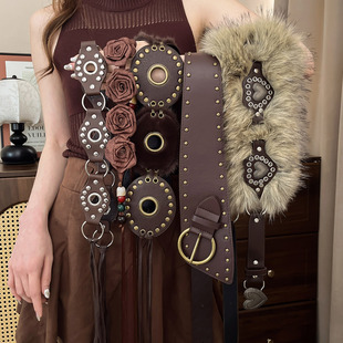 美式 饰重工皮带女 辣妹风PU皮毛毛拼接金属腰带街头性感百搭装