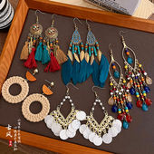 民族风流苏耳环女长款 小众编织羽毛耳钉2026新款 旅游穿搭耳钩耳饰