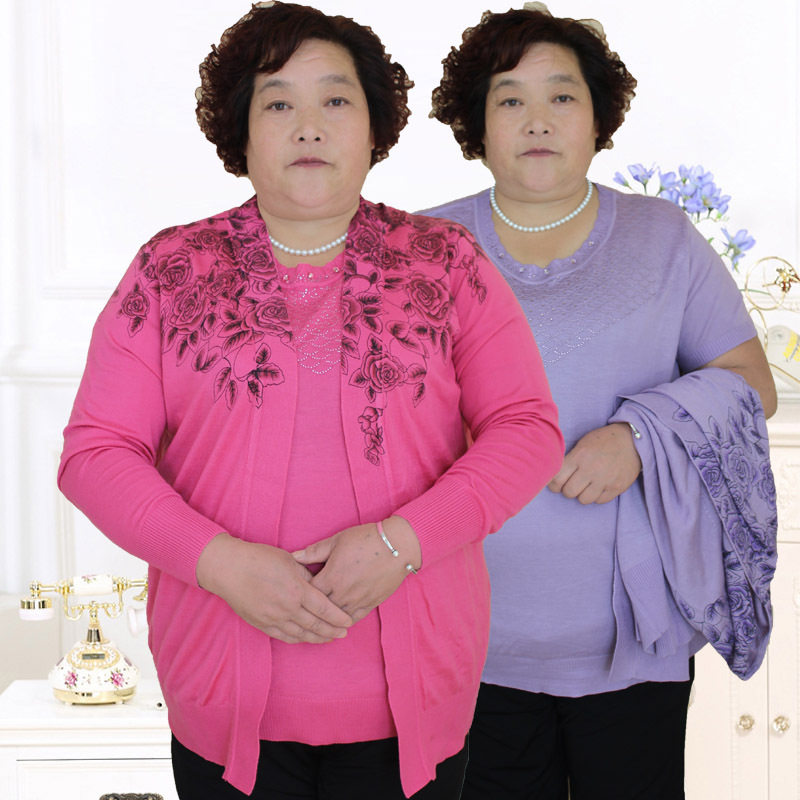 春秋中老年针织衫女装外搭上衣妈妈装两件套时尚舒适套装短袖开衫