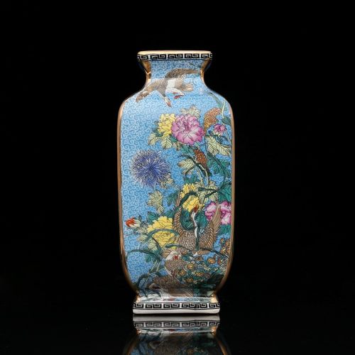 仿大清乾隆年制蓝地珐琅彩描金四方花鸟花瓶仿古玩瓷器收藏_虎窝淘