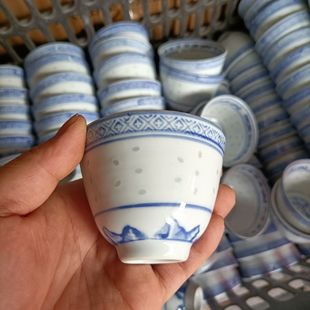 景德镇仿567瓷仿厂货青花玲珑二杠盅杯红色瓷手工古玩陶瓷收藏