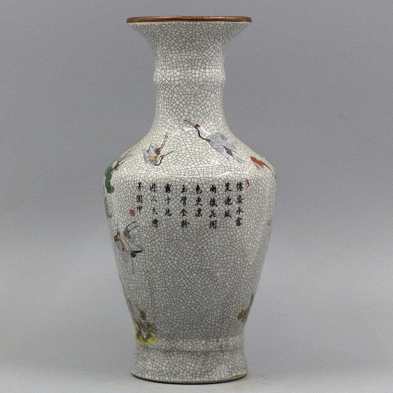 仿古瓷器大清乾隆粉彩十八鹤金钟花瓶做旧中式摆件古董古玩收藏