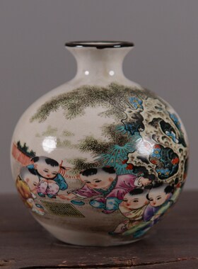 彷古大清同治粉彩婴戏图石榴花瓶瓷器做旧中式摆件古玩收藏