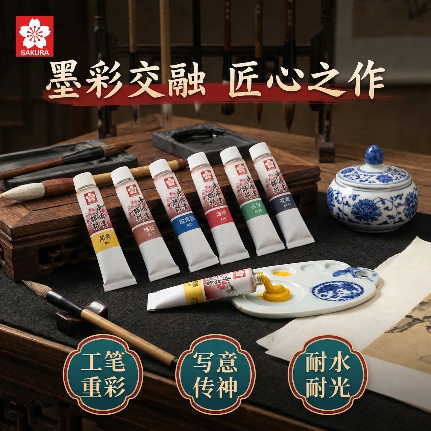 日本樱花牌大容量单支国画颜料初学者中小学美术课入门专业创作品用高级水墨画国画颜料写意花鸟工笔绘画