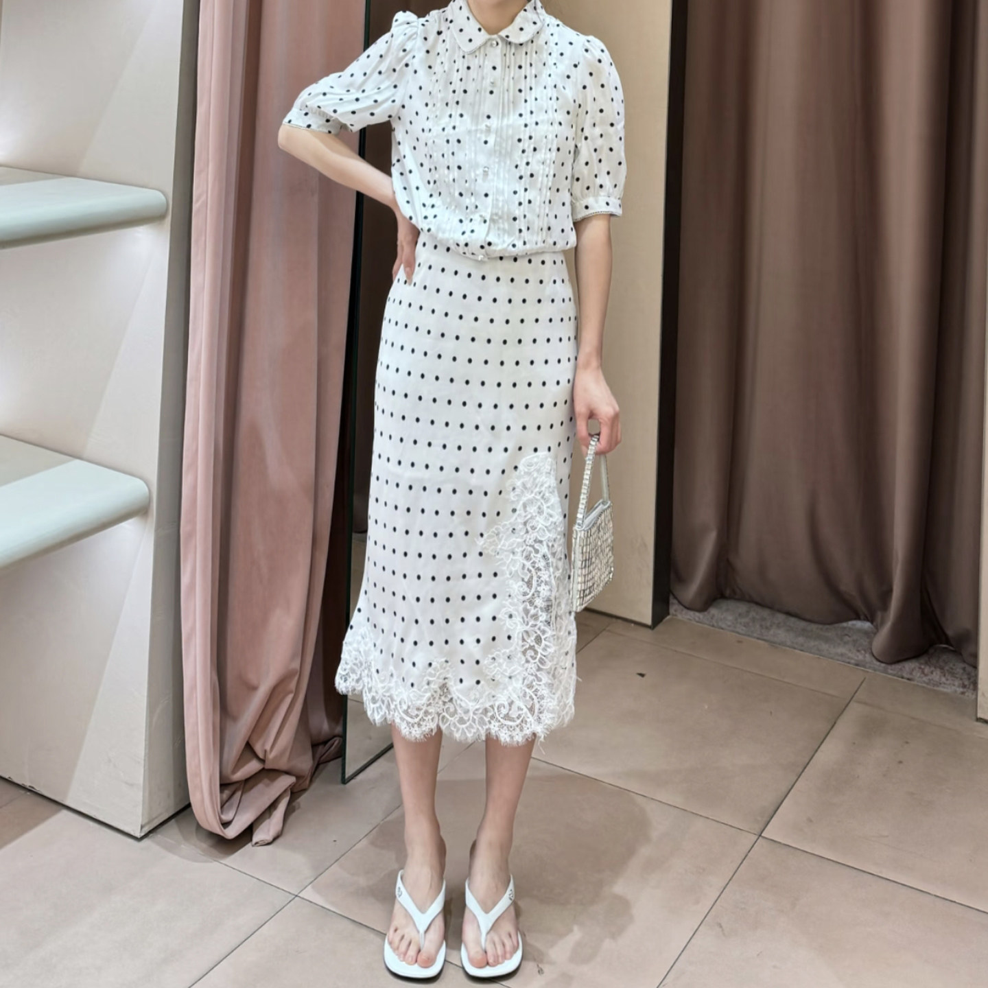 现货2026夏季款复古波点翻领短袖衬衫蕾丝拼接半身裙套装3K2CB60