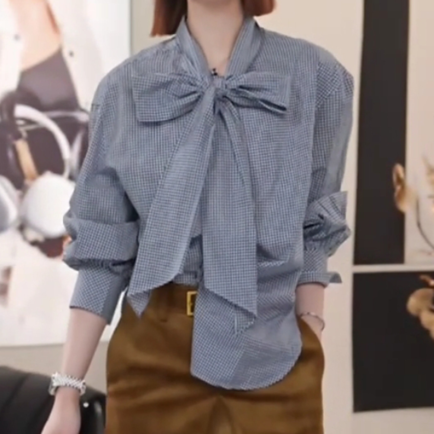 现货2026春新品百搭复古格子蝴蝶结绑带宽松洋气上衣女MBF1TOP008