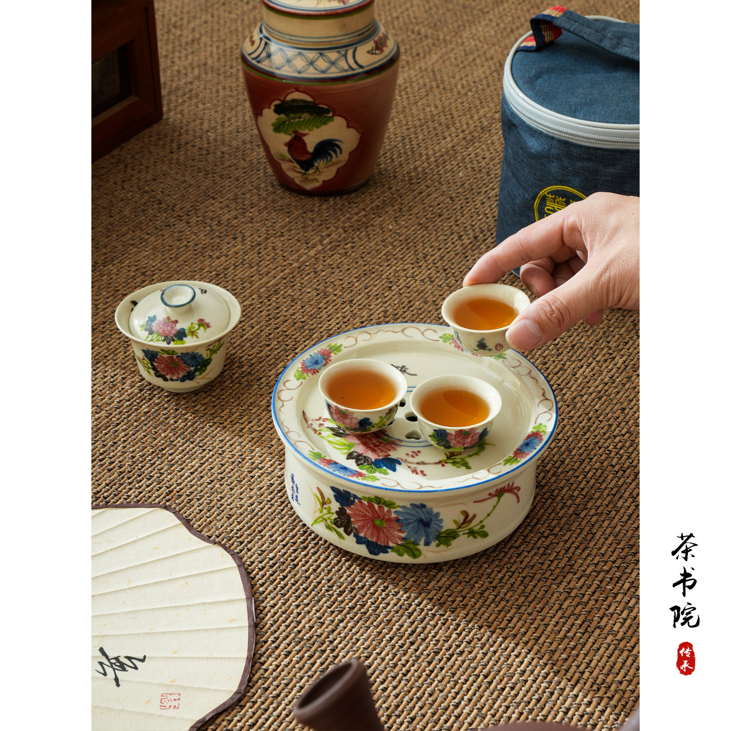 旅行茶具便携式潮州工夫茶具民国风陶瓷茶盘手绘牡丹高端茶船套装